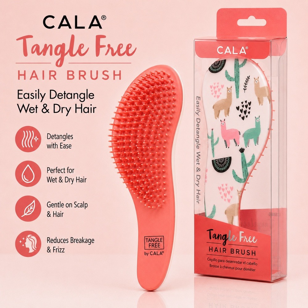 CALA Tangle Free Hair Brush Llama‎ Cactus Print Coral Pink Wet Dry Detangler NEW
